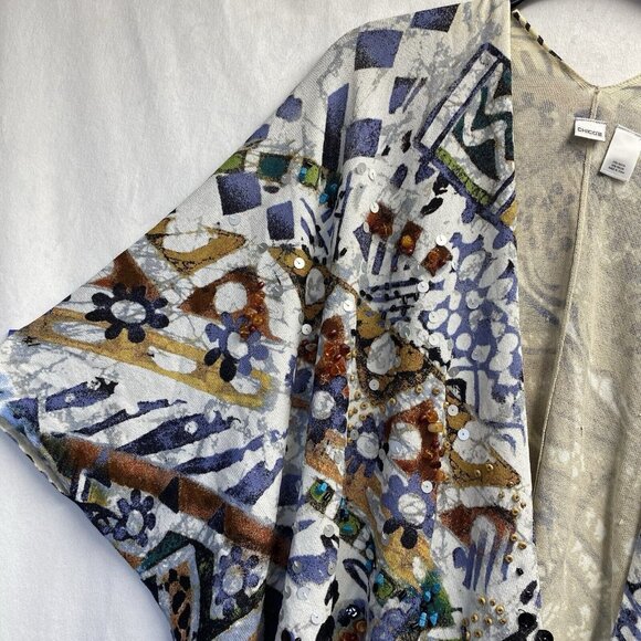 Chico's Sequins Embellished Cover Up Kimono Women OneSize Ivory Multicolor Used - Picture 10 of 16